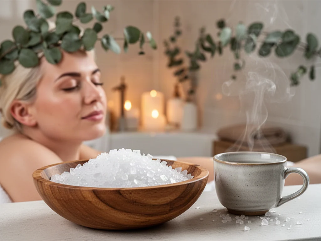Kobieta relaksująca się w domowym spa obok miski z kryształkami soli Epsom, tworząca atmosferę spokoju i odprężenia.